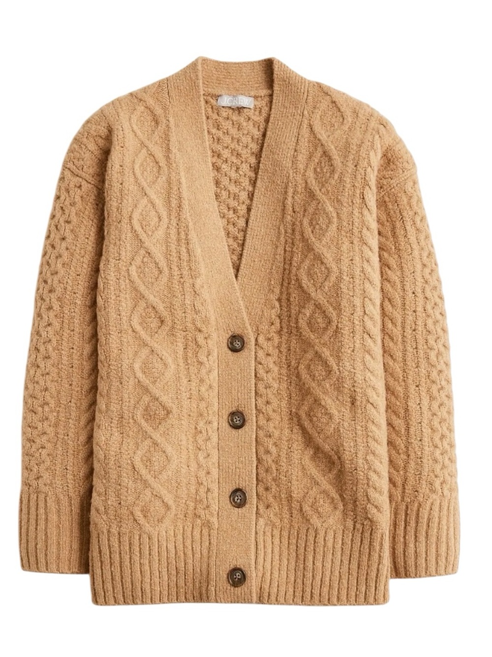J. Crew Cable Knit Stretch Cardigan Sweater Size 2X Camel Relaxed Wool NWT